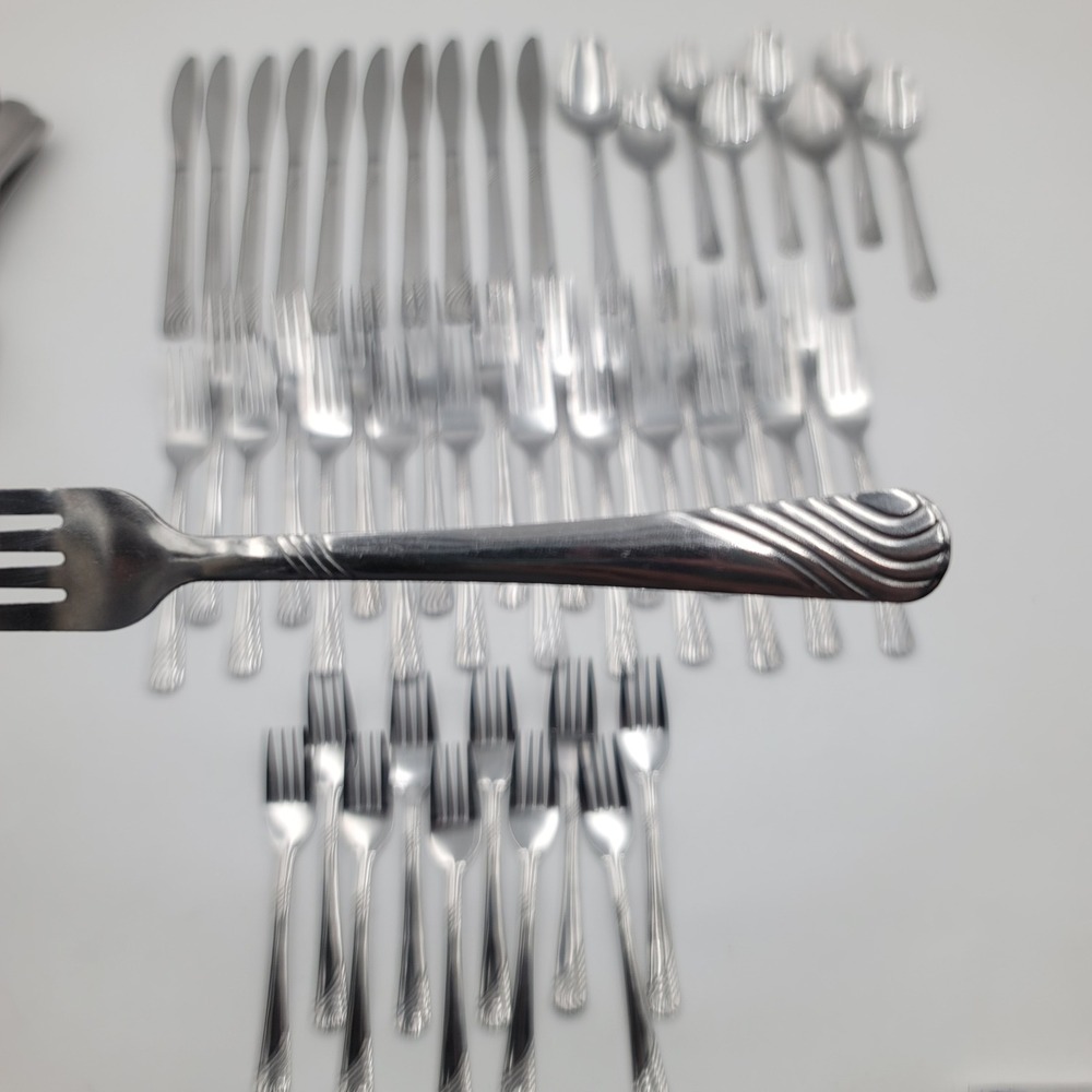 50pc Pfaltzgraff PFF100 Stainless Flatware Swirl Pattern Silverware